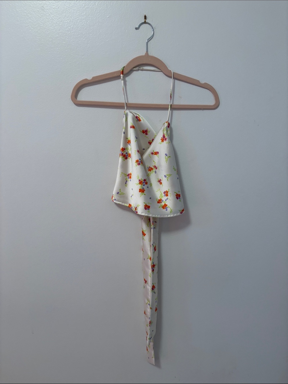 Zara White Satin Floral Crop Top with Tie Back